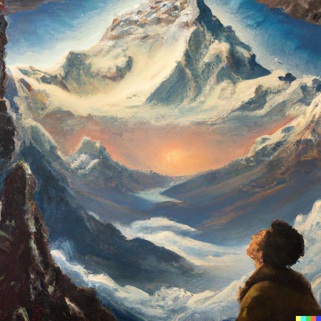 someone gazing at Mount Everest, painting, baroque style